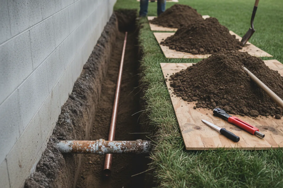 Excavated water line trench during Water Heater Repair in Sandborn